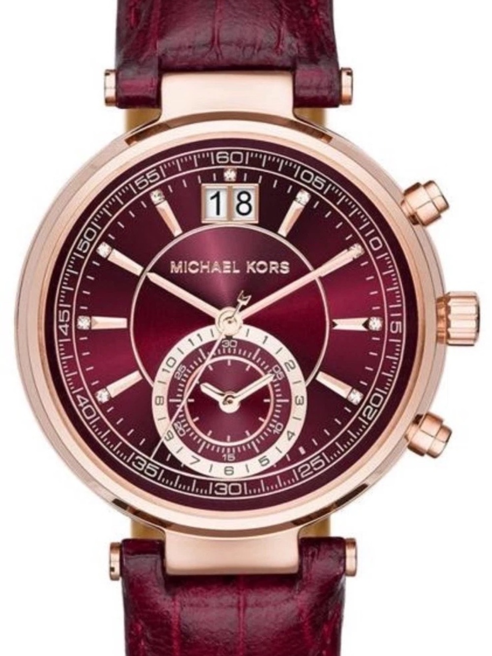 Michael Kors MK2426 Sawyer Burgundy Leather Gold Tone Women’s Watch Working
